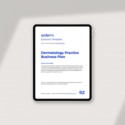 Image of an iPad on a white background showing the front cover of the free dermatology business plan template