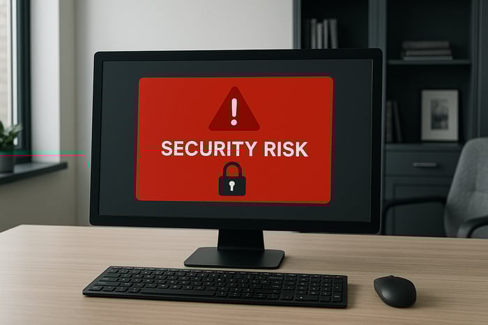A desktop computer on a wood desk displays a red “Security Risk” alert on the screen. The office is private, with gray built-in shelves, a window, a potted plant, books, and a framed photo, all in a clean and professional environment.