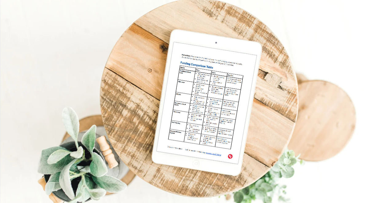 Photo of an ipad on a small wooden table, showing a funding comparison table from EZDERM's EZ Launch resource.